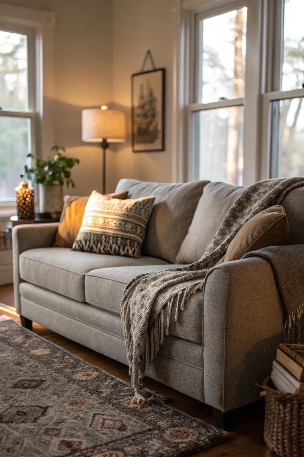 Layering with throws fashions a cozy and welcoming sofa setting.