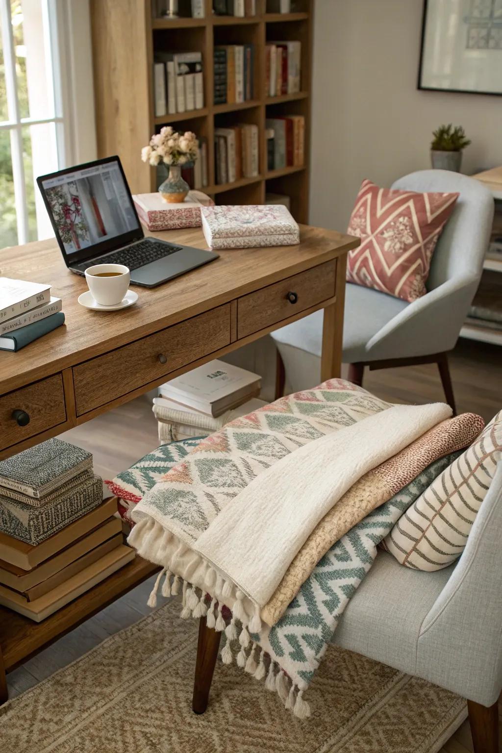 A desk with layered textiles for a cozy and textured environment.