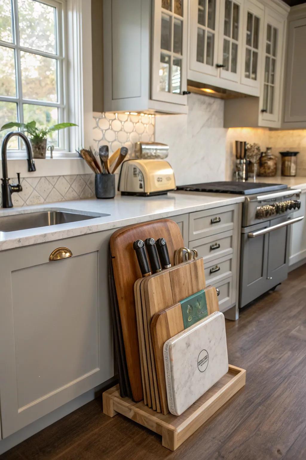 Custom design elements integrating cutting board storage.