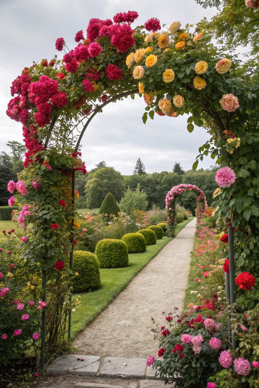 An inviting dahlia archway in full bloom.