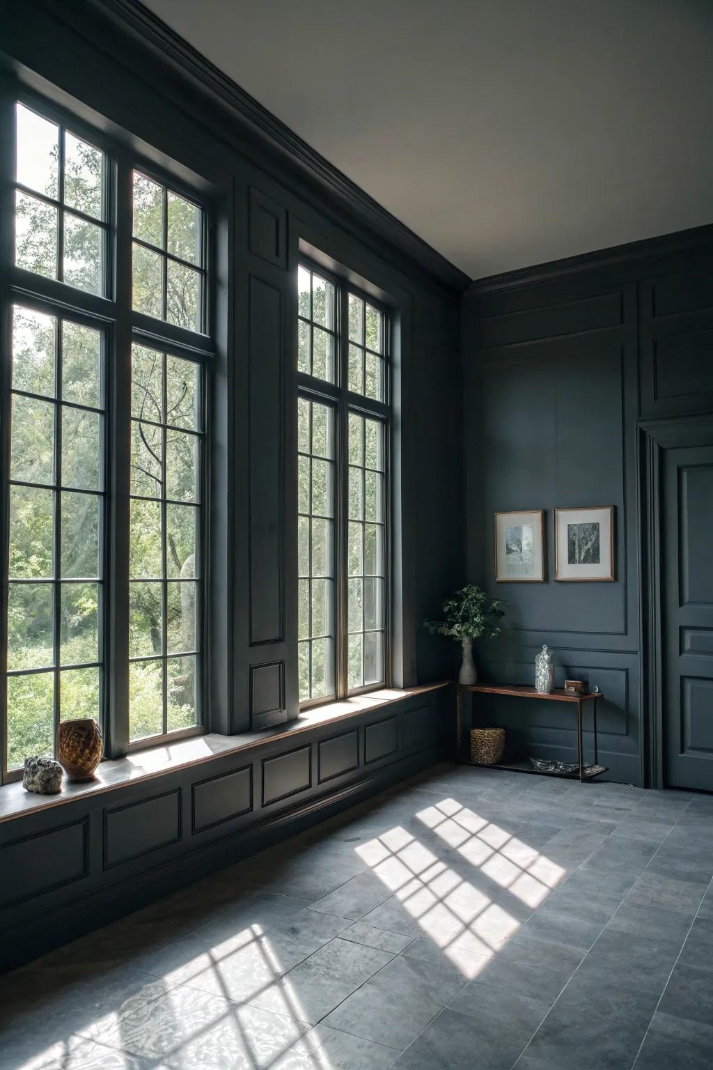 Natural light balancing the dark tones in a grey room.