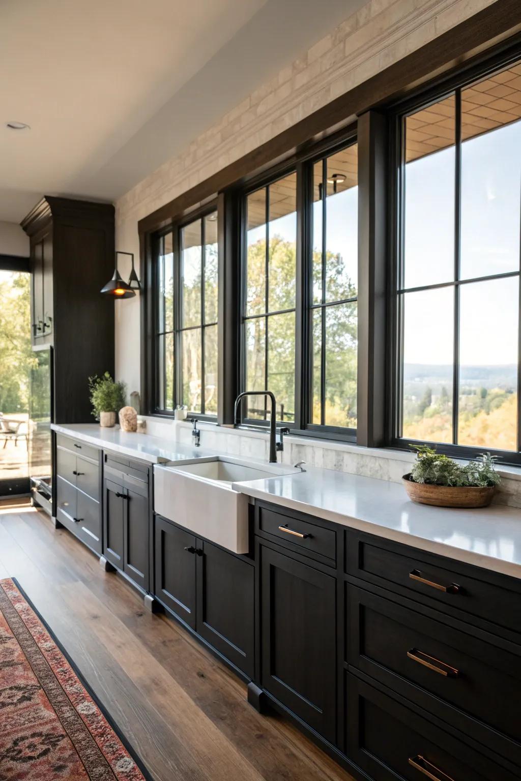 Sunlight from expansive windows beautifully balances the shadowy cabinetry.