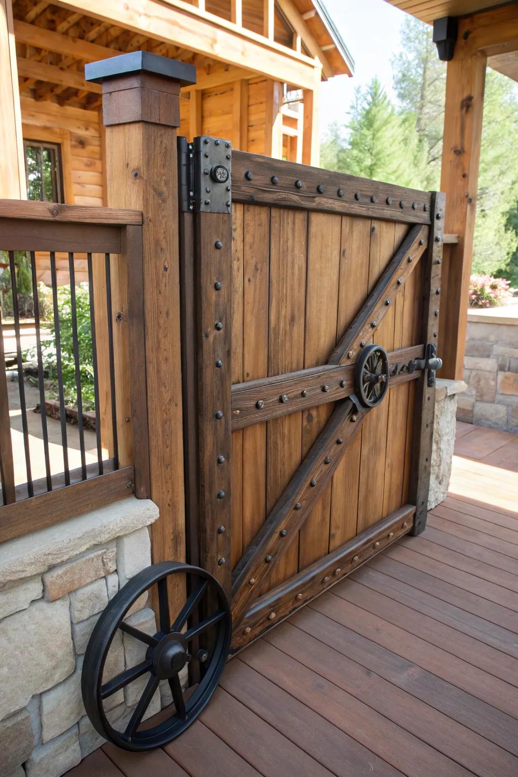 Enhance your deck with functional elegance: a wheel-equipped gate for effortless style.