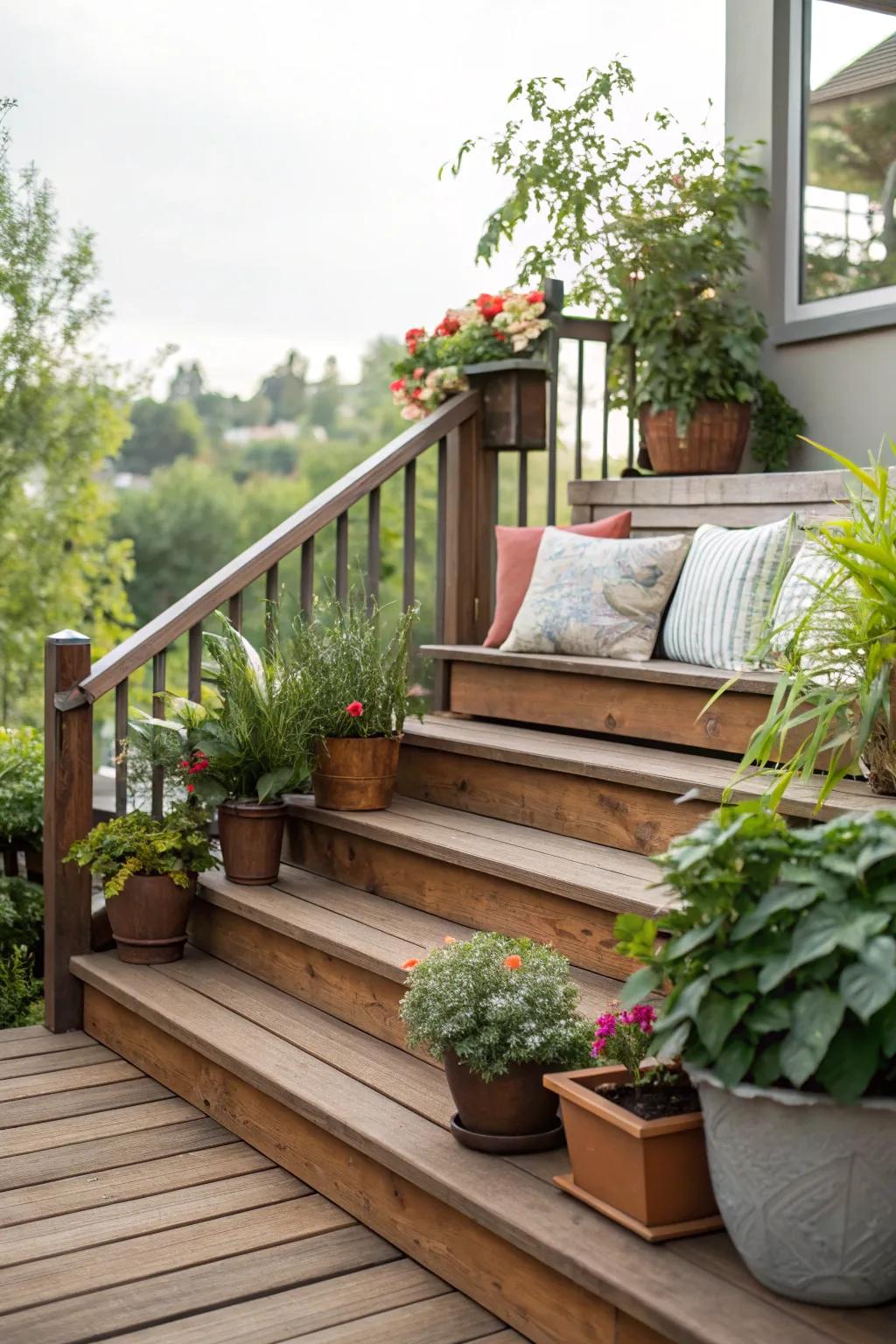 Deck stairs with a cozy built-in bench for relaxing moments.
