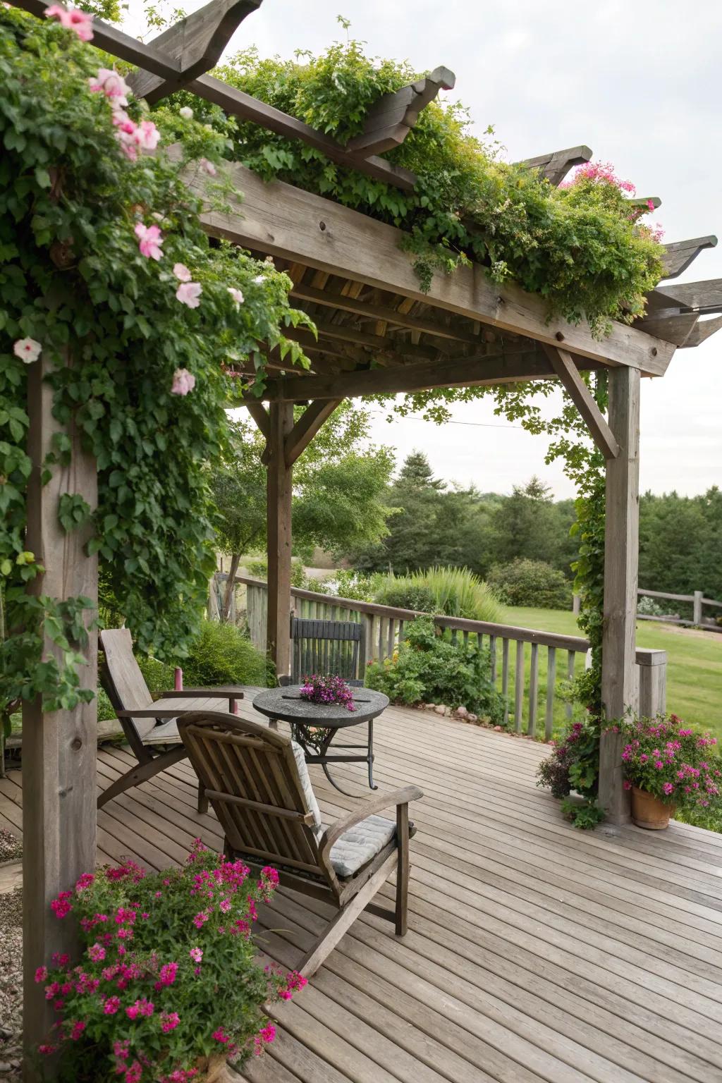 A pergola adorned with foliage offers shade and a hint of nature to this patio.