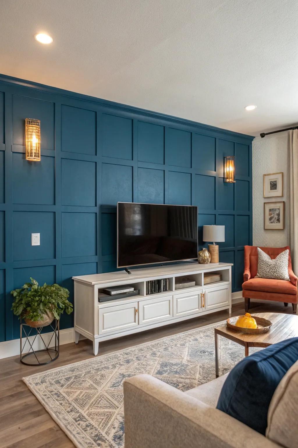 A strong feature wall emphasizes the TV, positioning it as the room's highlight.