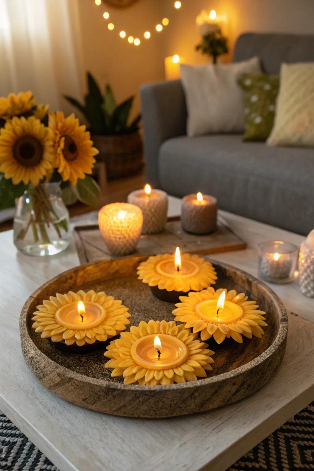 Sunflower-shaped candles provide a warm glow and delightful scent.