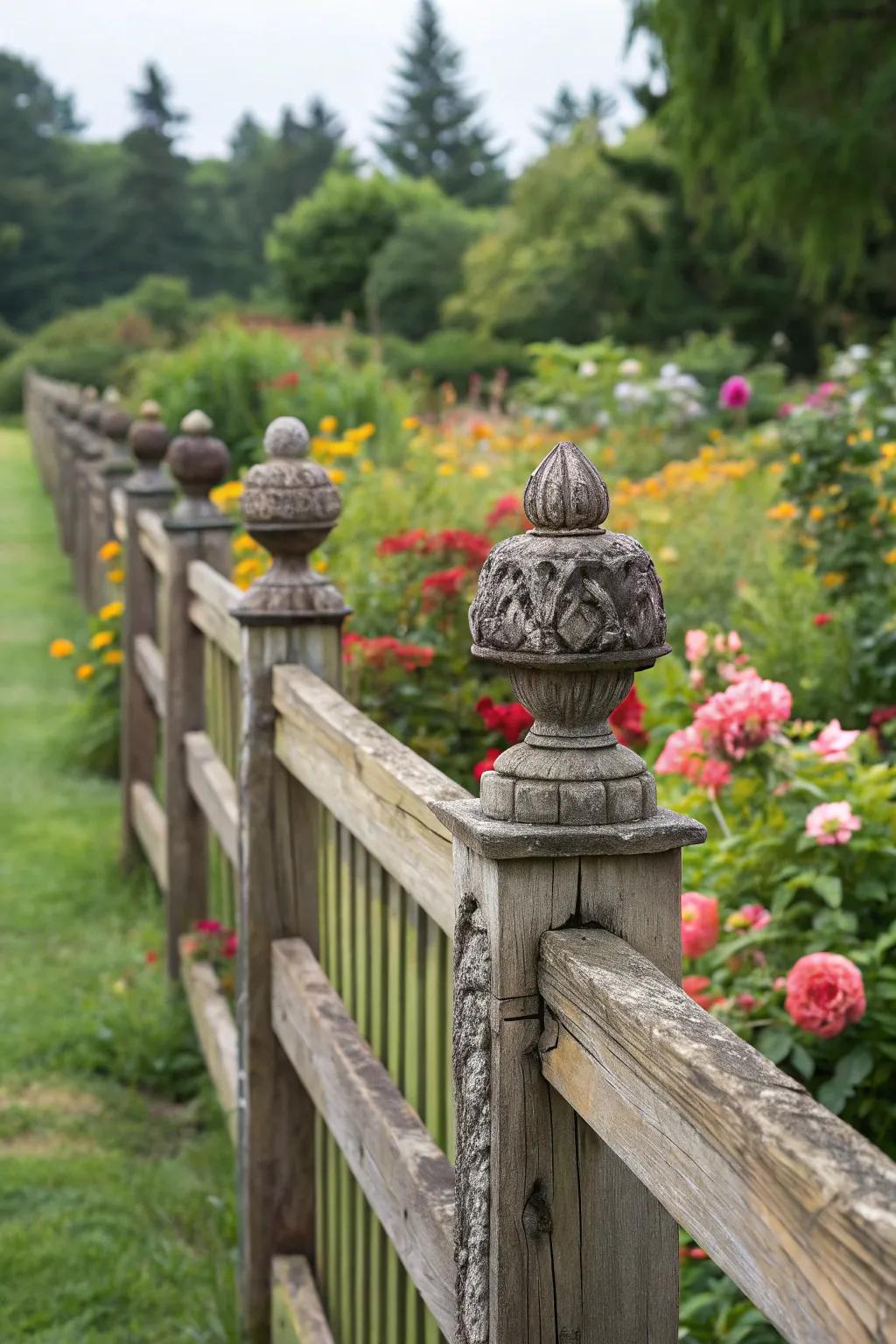 Ornamental finials elevate fence aesthetics.