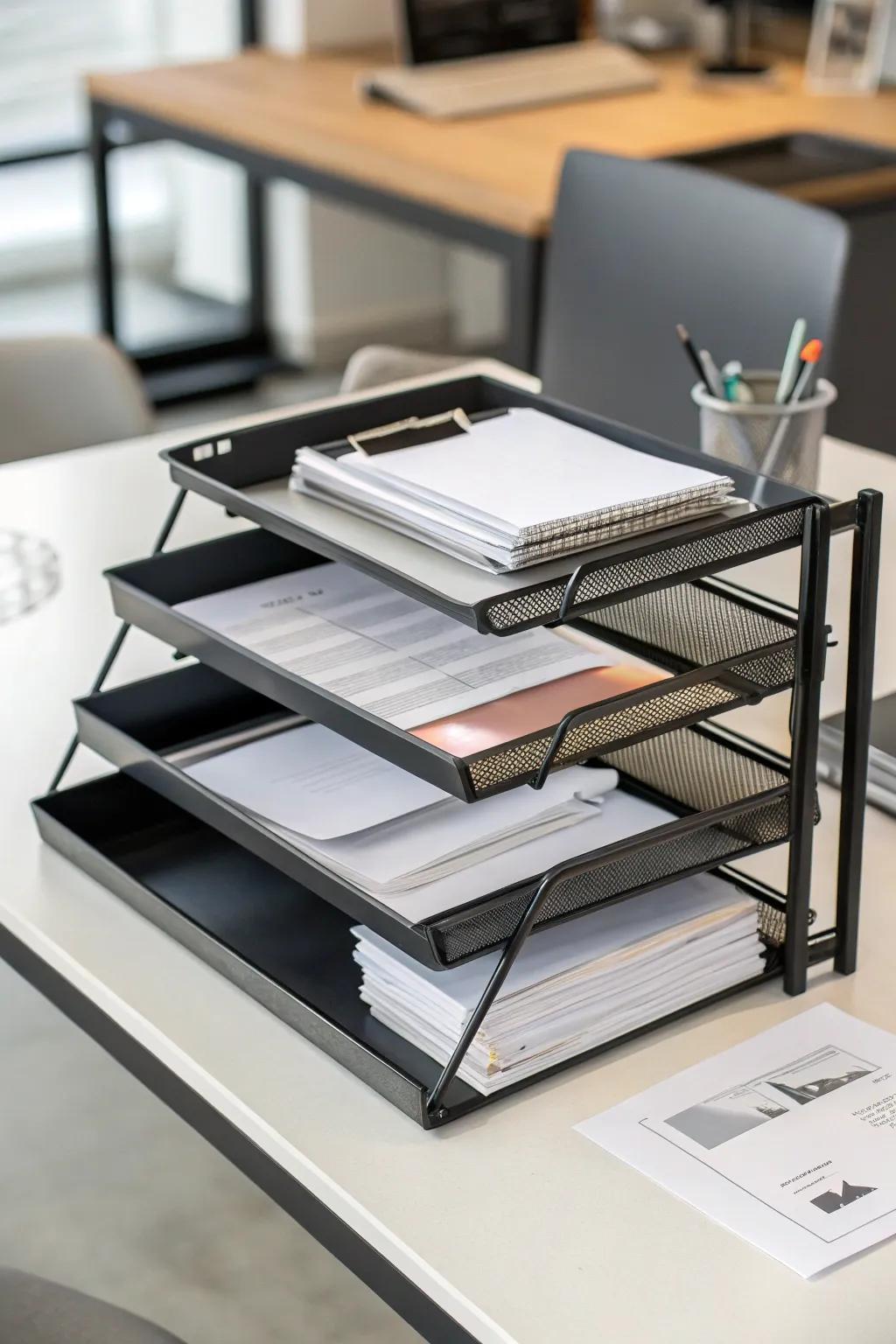 Tiered racks for a tidy and reachable desk.