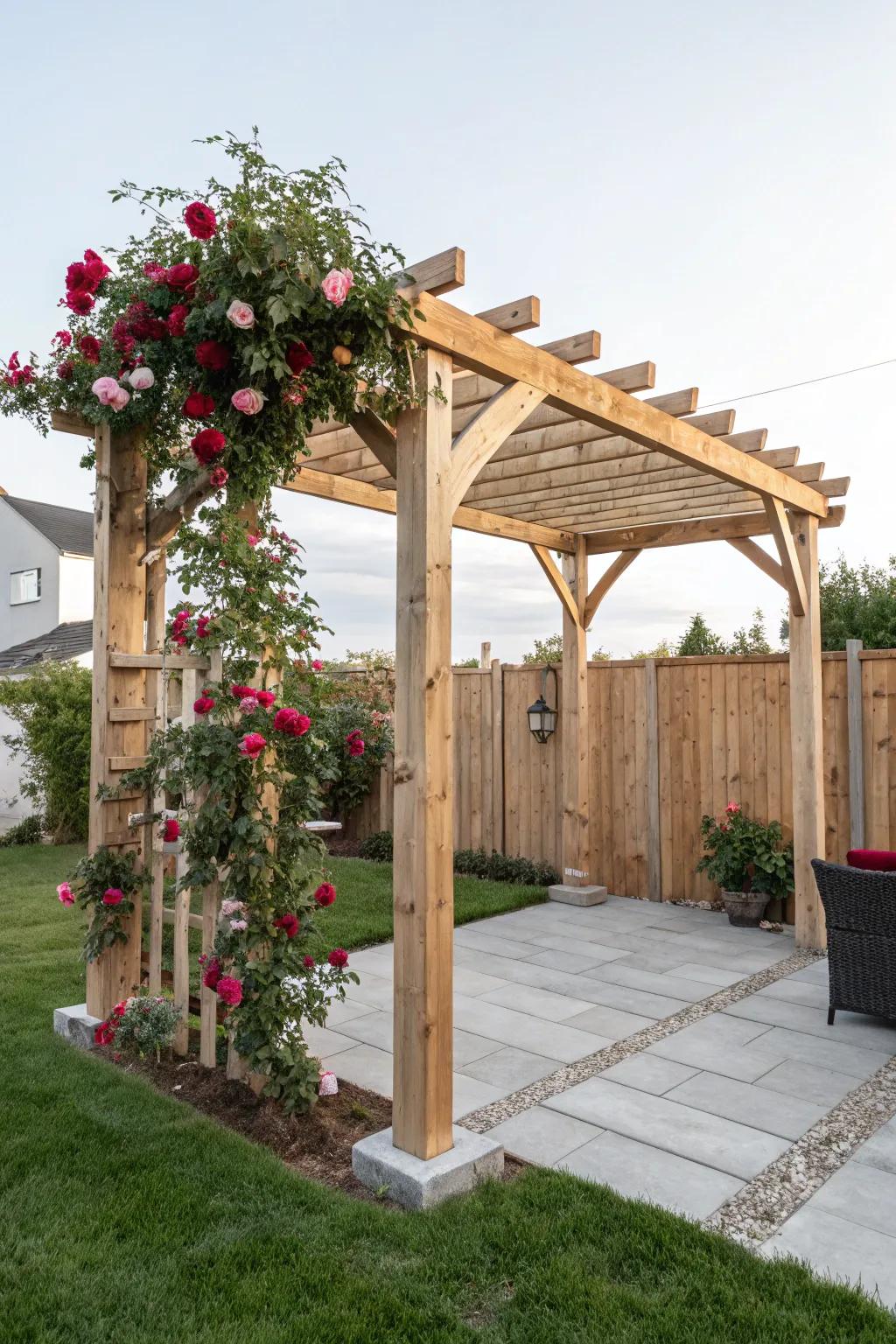 Transform your backyard into a serene retreat with a DIY pergola draped in climbing roses. 🌹✨