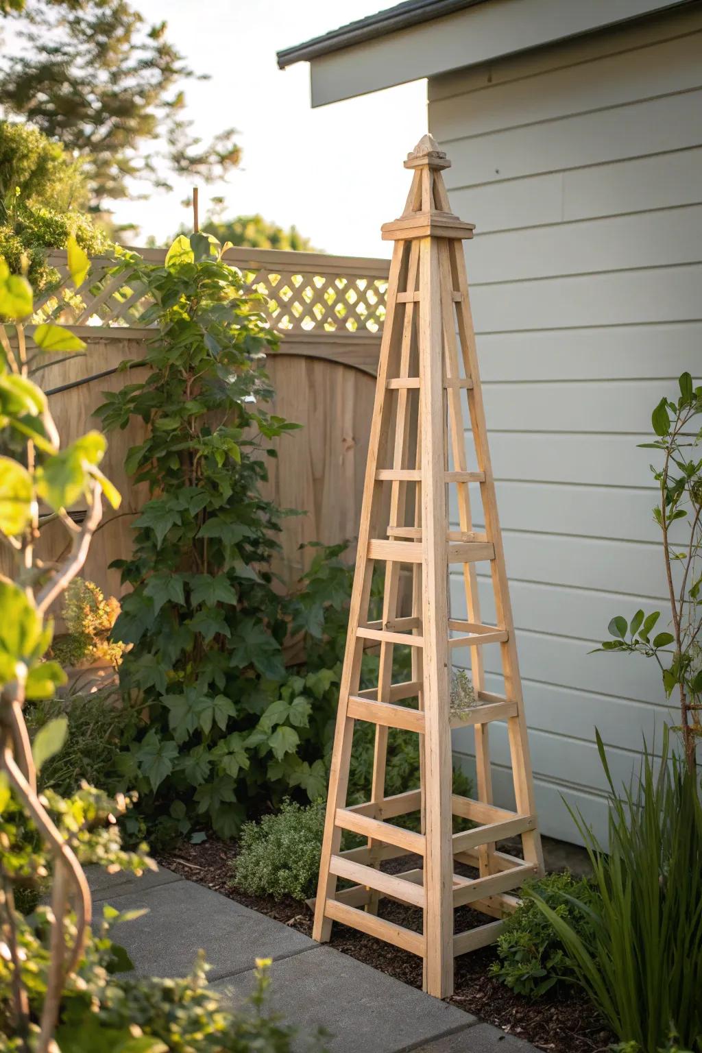 Elevate your garden with a chic, handcrafted obelisk trellis—where minimalist design meets natural elegance.
