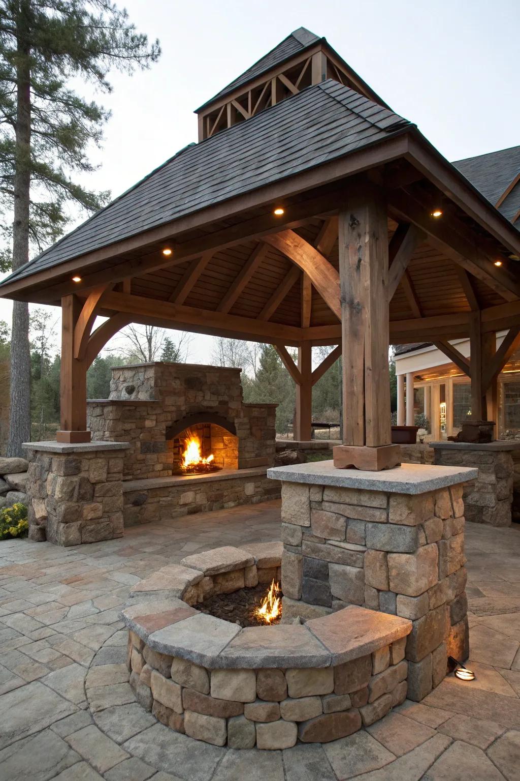 Experience timeless elegance with a stone and timber gazebo for your fire pit sanctuary.