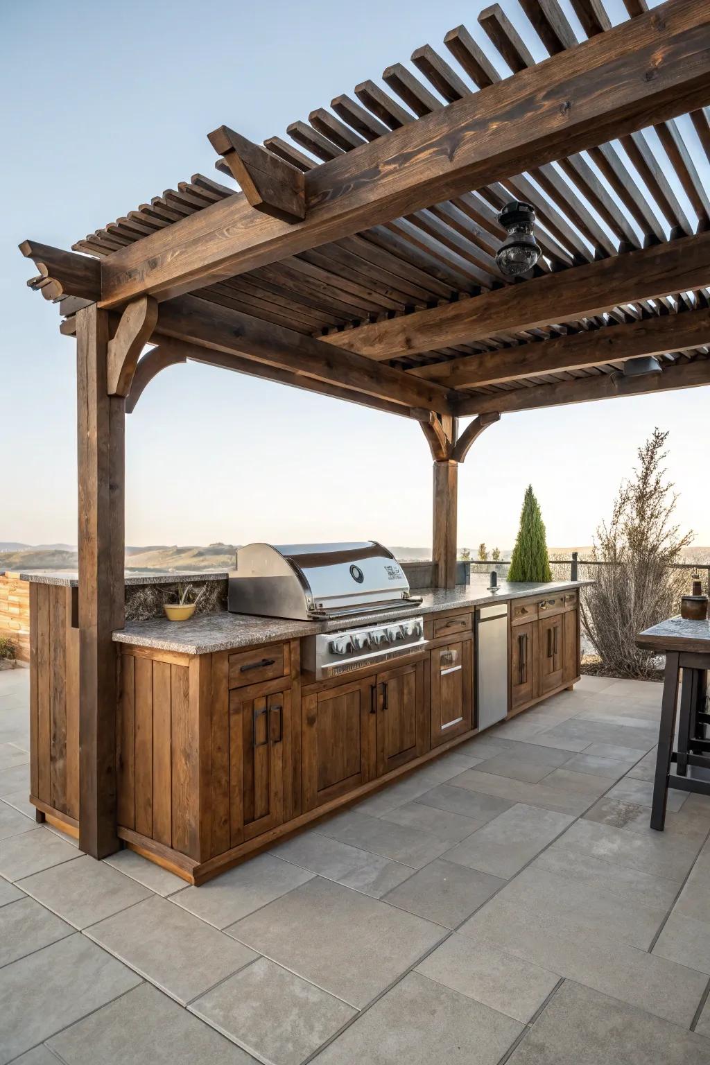 Elevate your BBQ game with a handcrafted grill station under a stylish pergola, blending rustic charm with modern elegance.