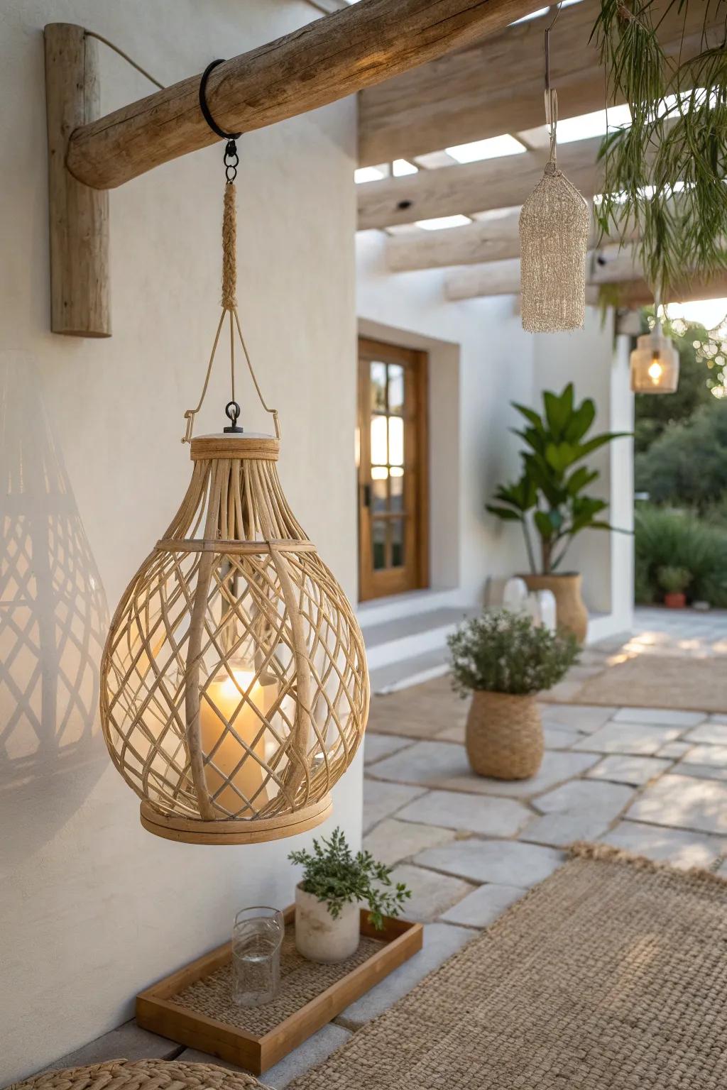 Illuminate your patio with the enchanting glow of boho-inspired hanging lanterns.