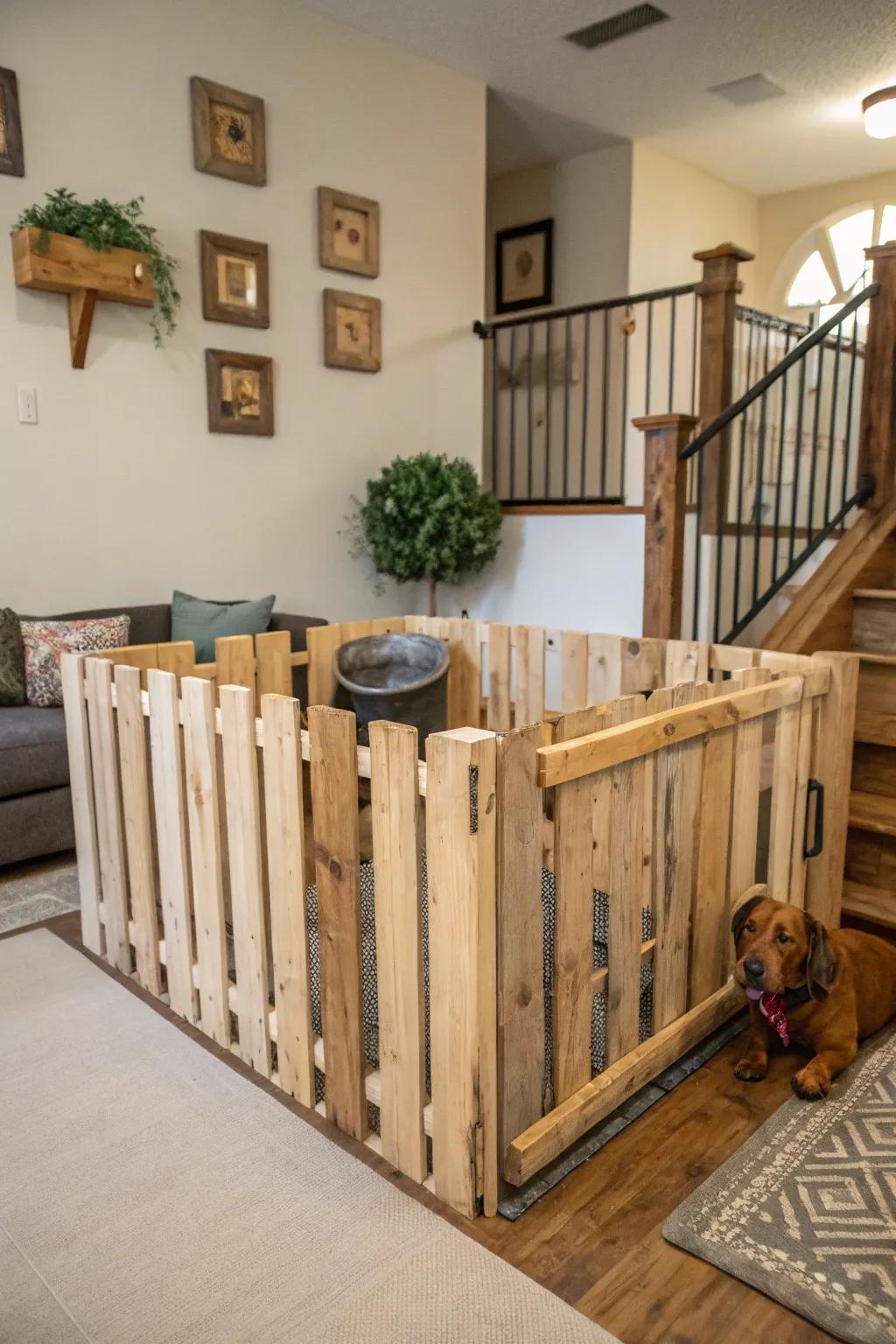 A DIY wooden pallet fence adding rustic charm to your home.