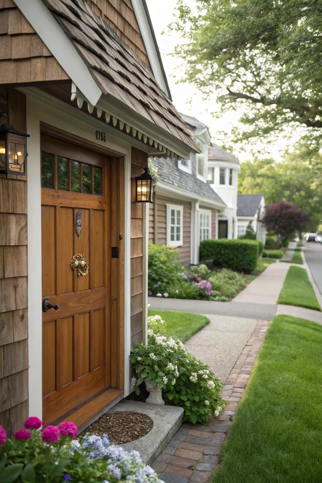 A front door with a charming slate-covered shelter on a traditional house.