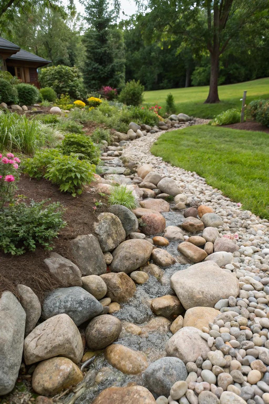 A dry creek bed brings the charm of a stream without the water.