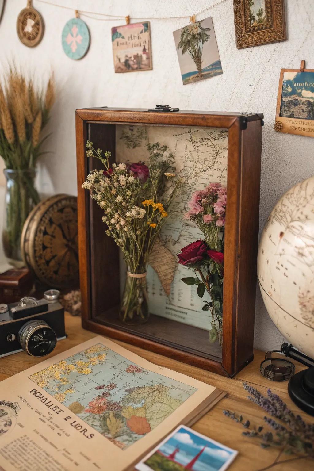 Relive your adventures with a travel-themed preserved flower display case.