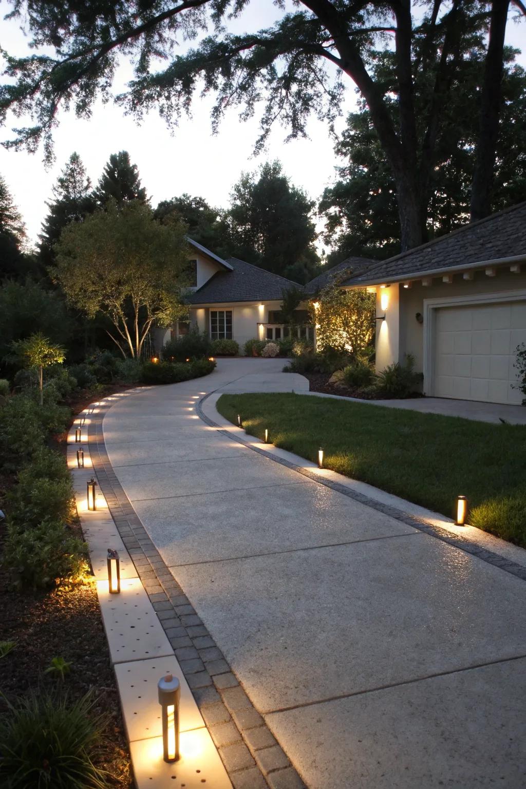 Lighted edges create a safe and inviting driveway at night.