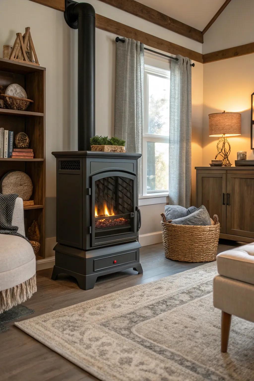 A freestanding electric fireplace in a cozy living room