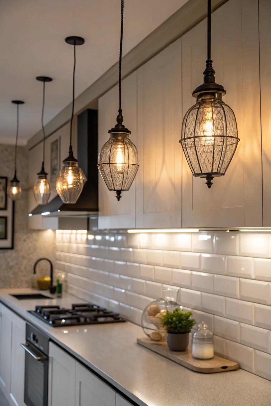Lighting fixtures add elegance and focus to kitchen walls.