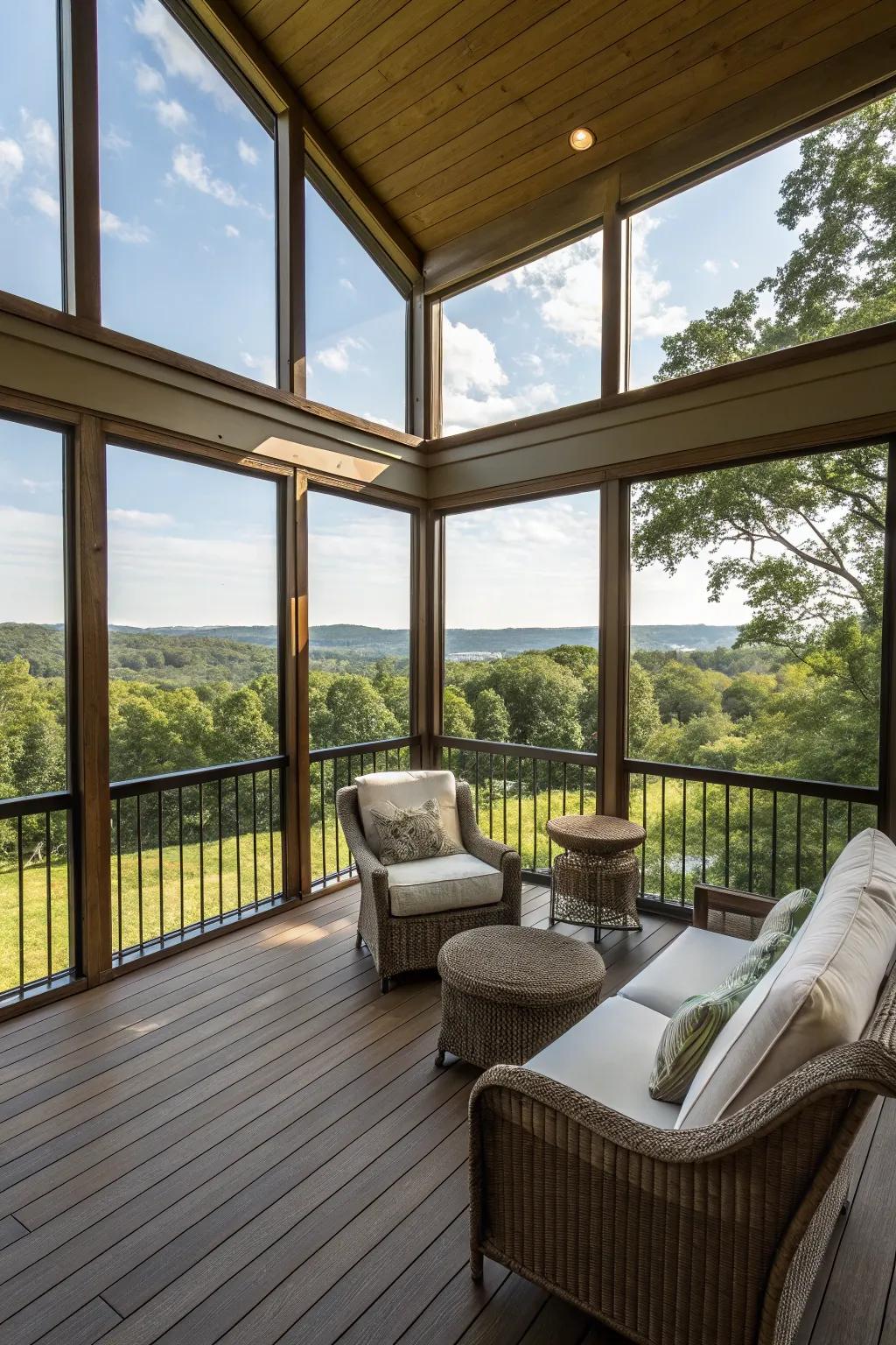 Connecting with nature through large windows on an enclosed deck.