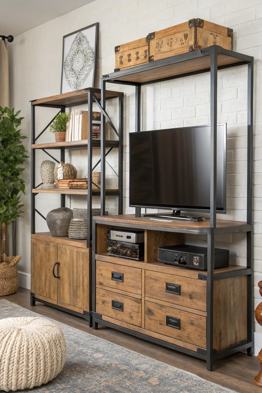 A variety of textures create dimension in this media center decor.