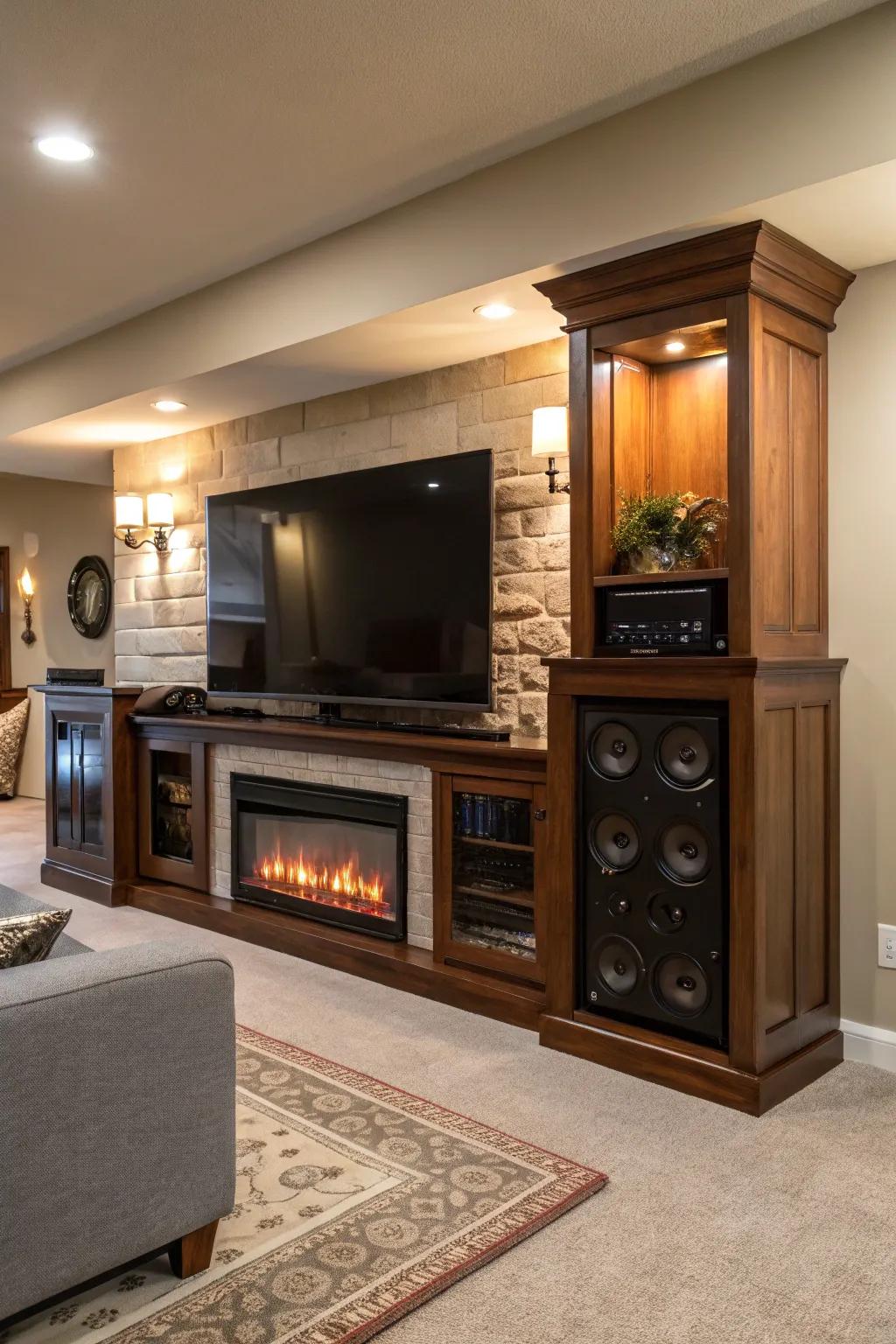 An entertainment center merged with a cozy fireplace.
