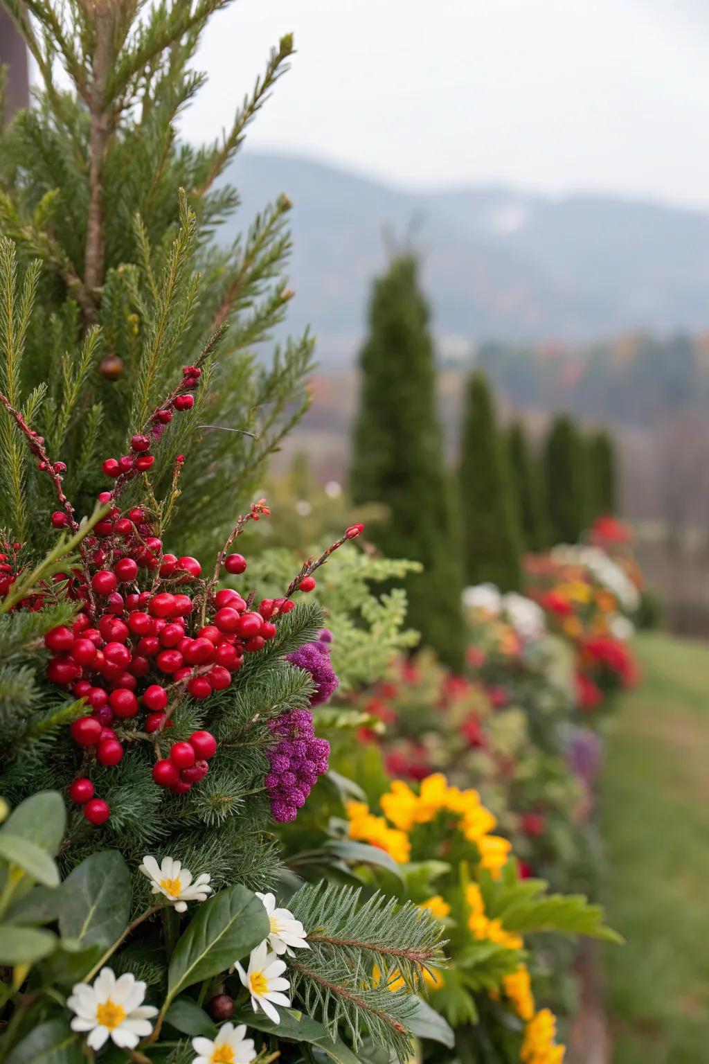 A garden showcasing evergreens with berries and seasonal flowers.