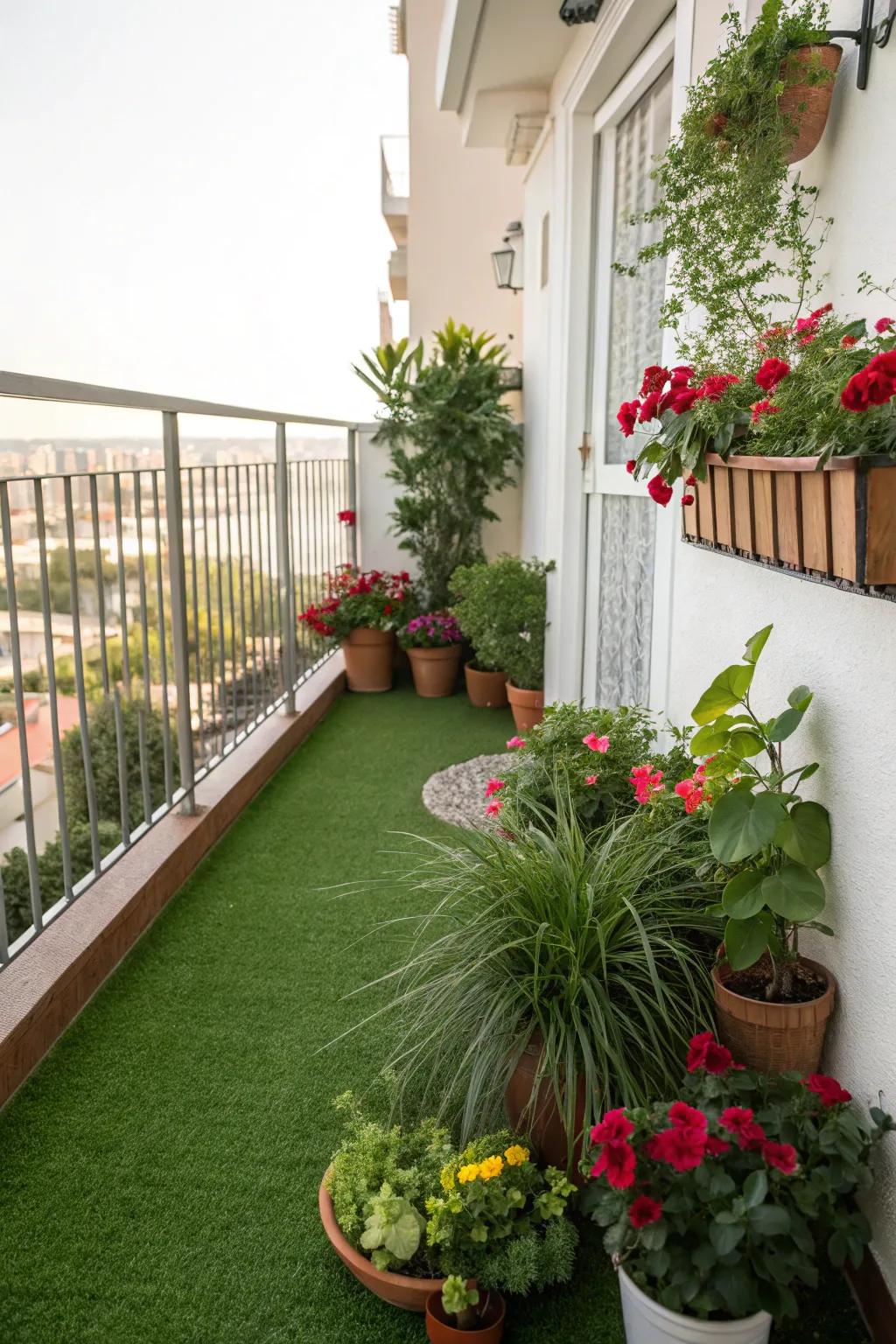 An urban jungle balcony with vibrant greenery and synthetic turf.