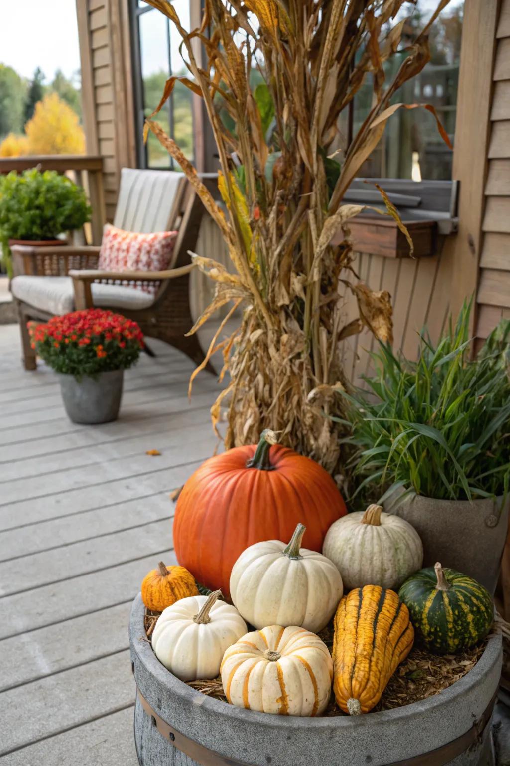 Corn stalks and pumpkins create a mini autumn festival feel.