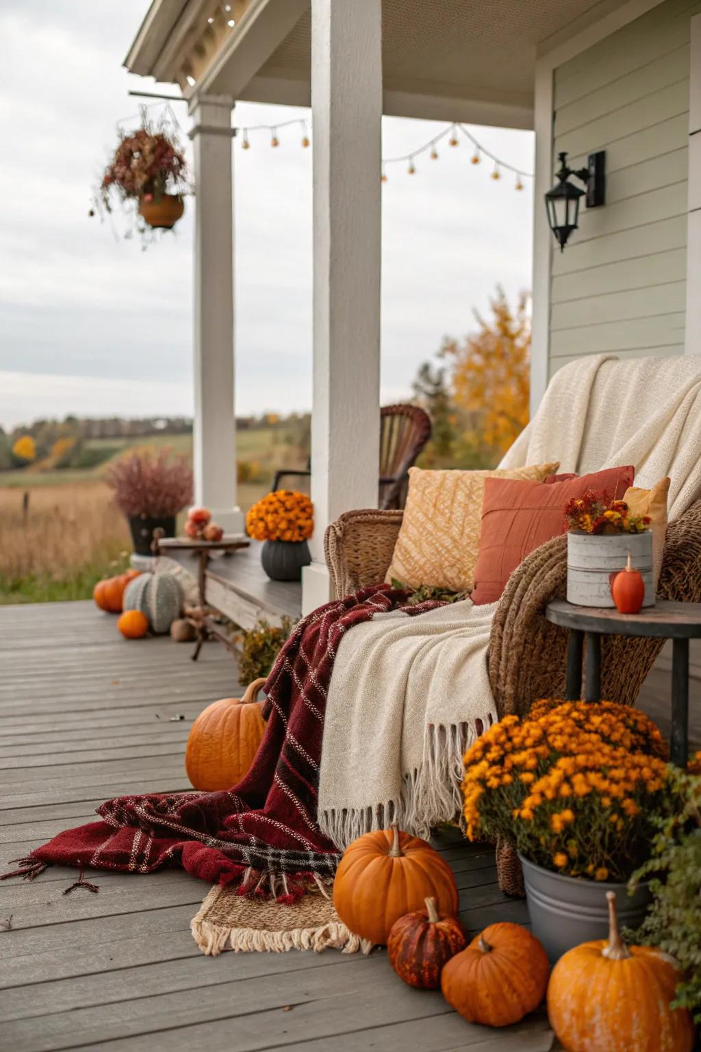 Comfortable fabrics impart warmth and coziness to the porch decorations.