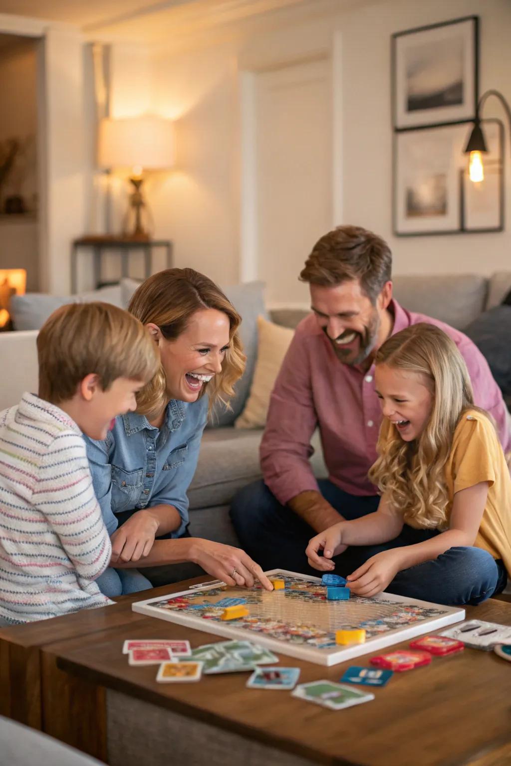 A joyful board gameplay session bringing the family together.