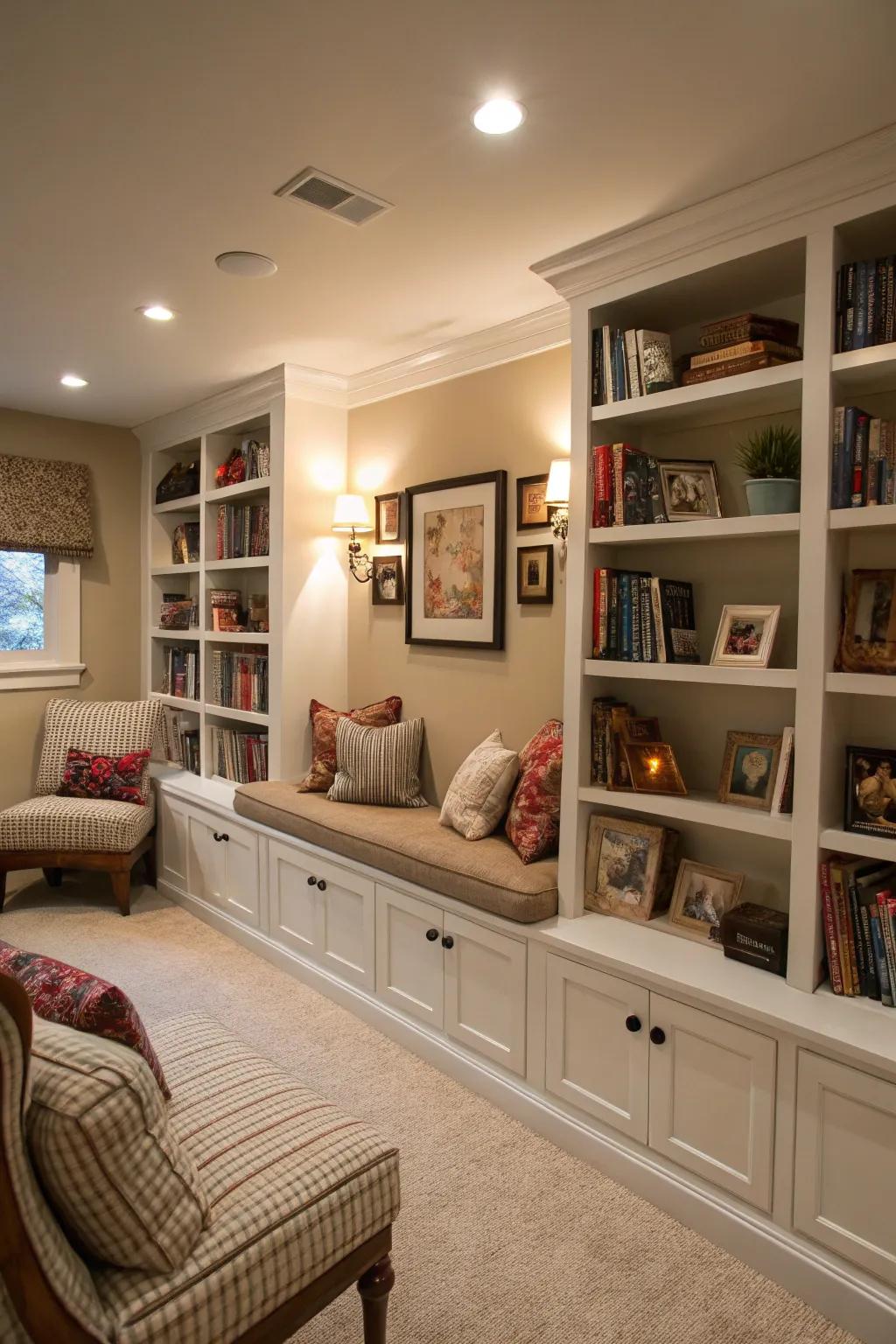 A family room featuring a charming personal library corner.