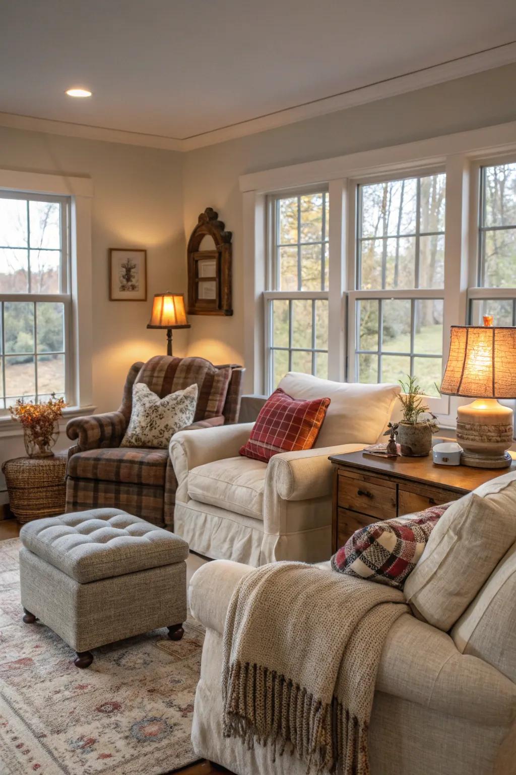 Comfortable seating fosters leisure within this farmhouse living area.