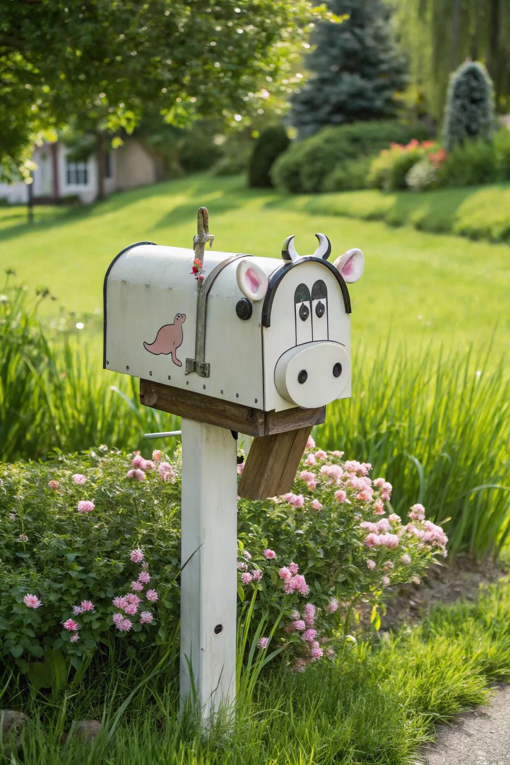 A playful animal-shaped mailbox adds a whimsical touch to the farmhouse scene.