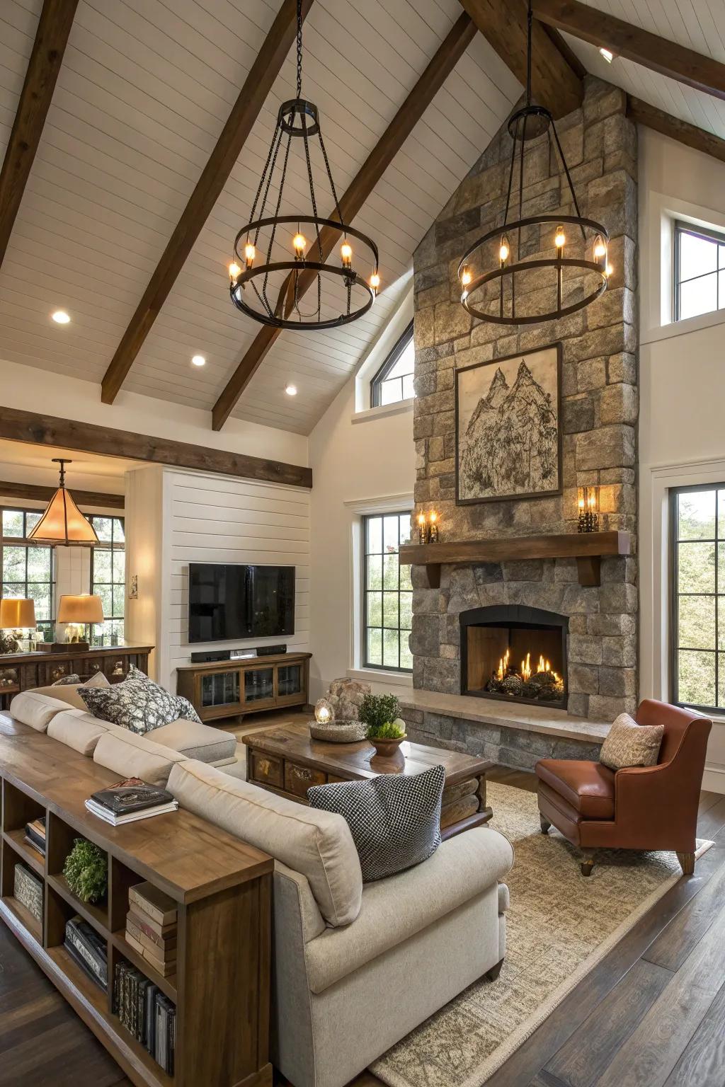 Industrial lighting fixtures in a modern rustic farmhouse living room.