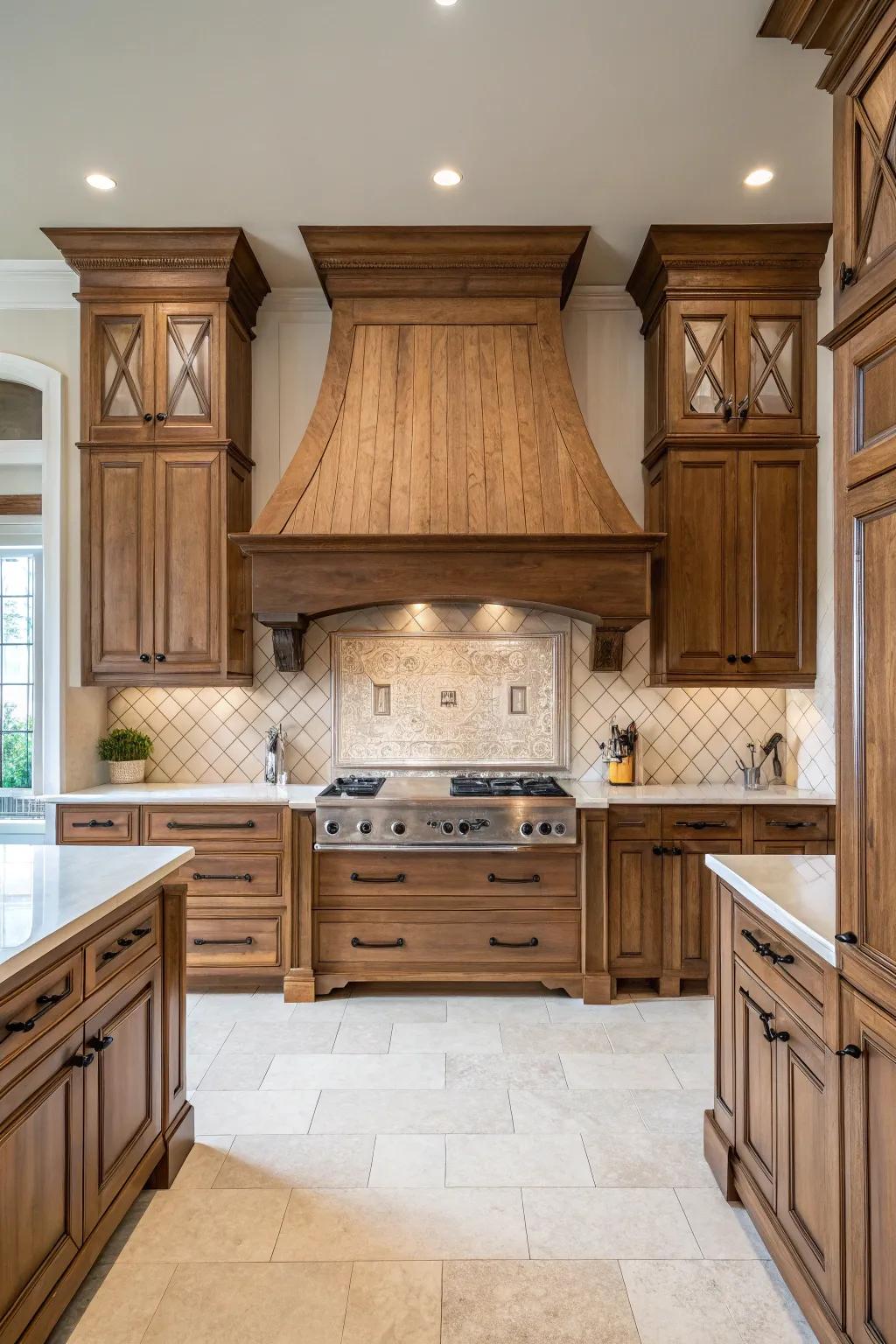 Symmetrical design on a range hood introduces balance to the cooking space.