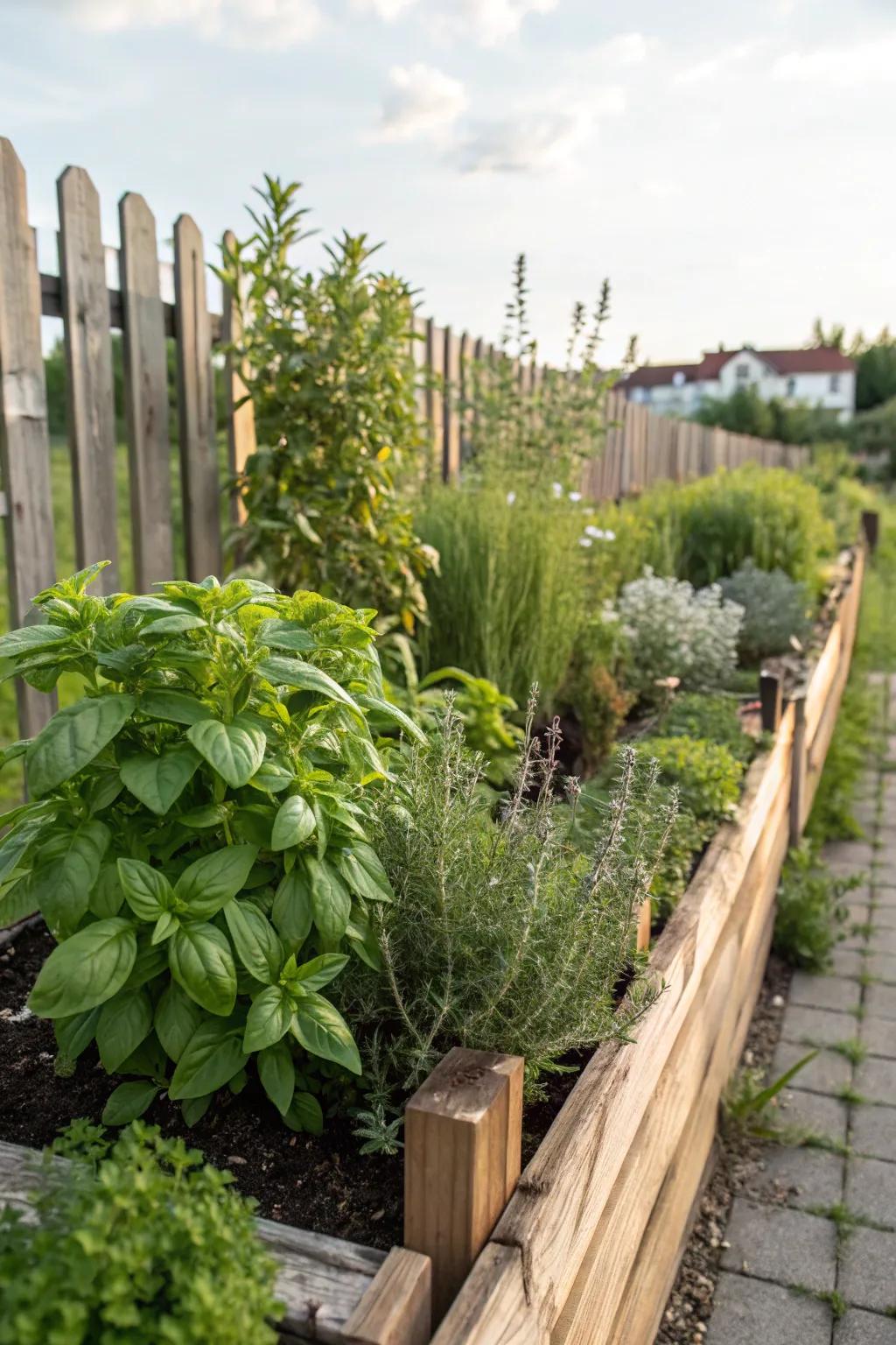 A fence herb garden is both beautiful and functional.