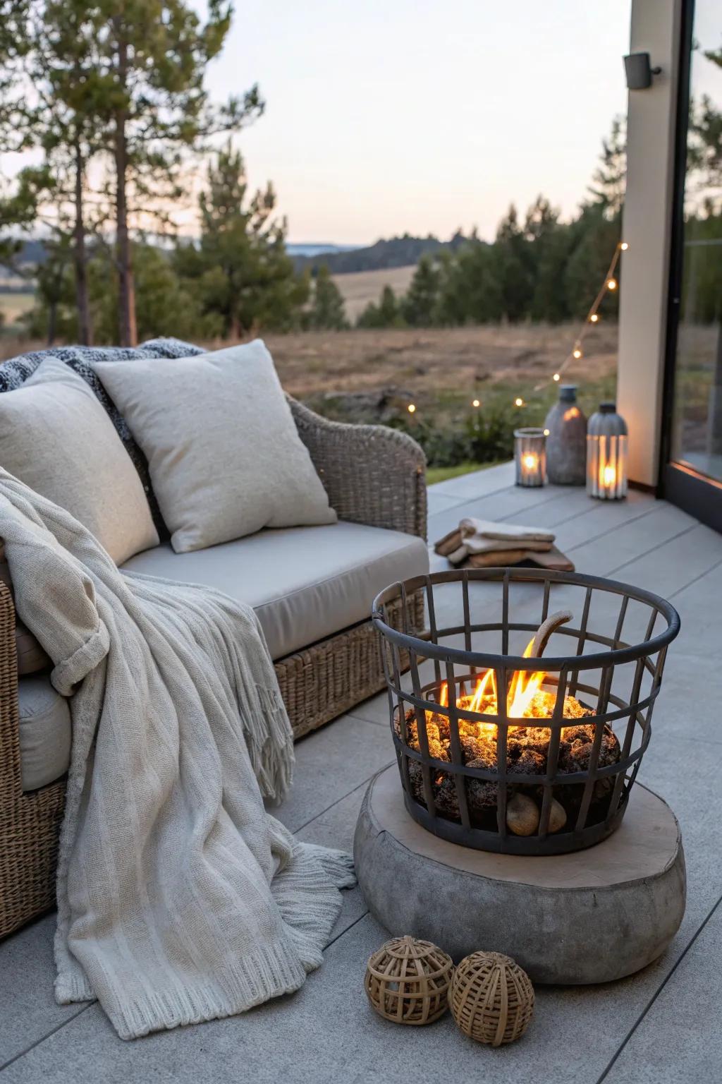 A cozy corner transformed with a fire pit basket and comfortable seating.