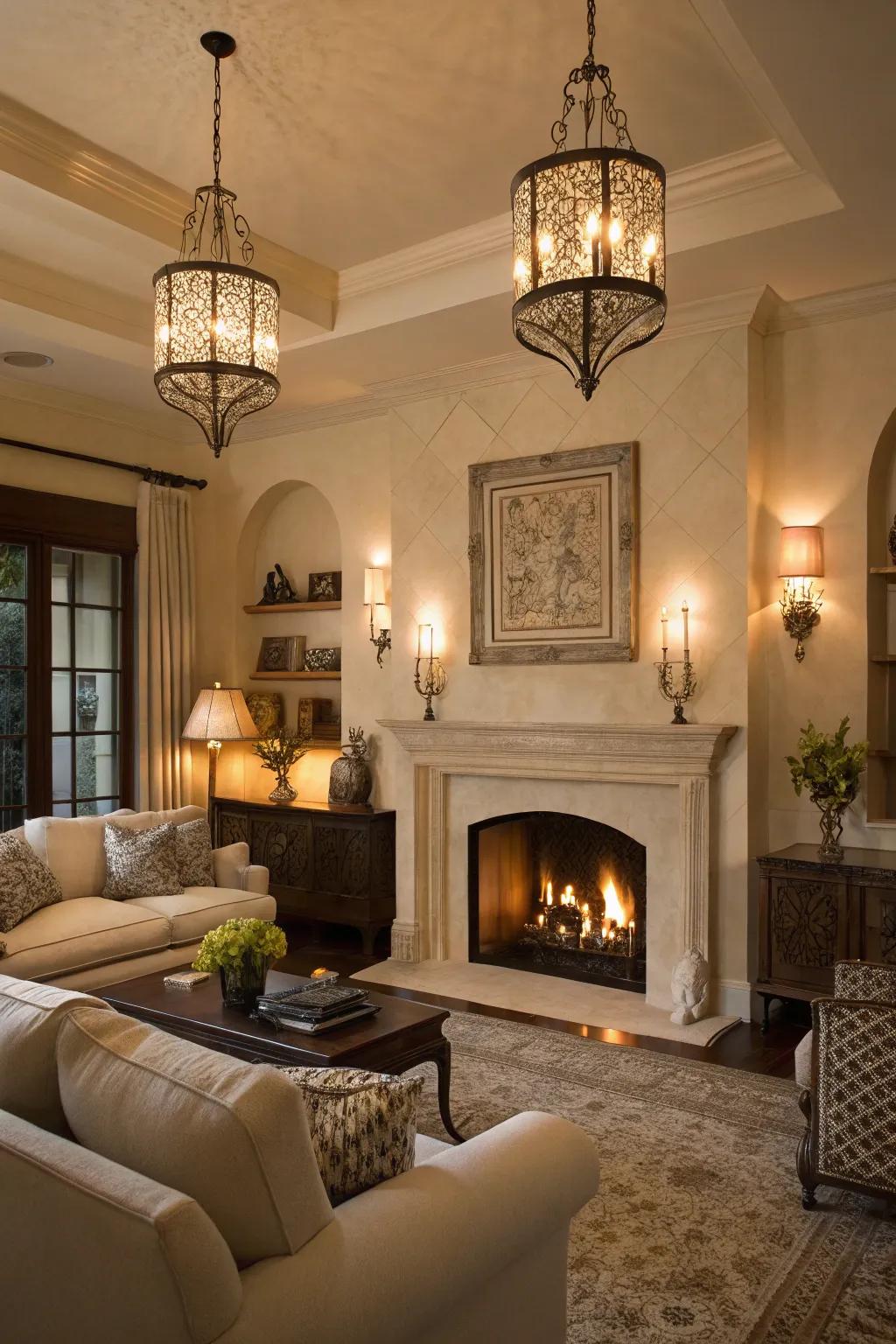 Lighting fixtures add warmth and focus to the fireplace area.