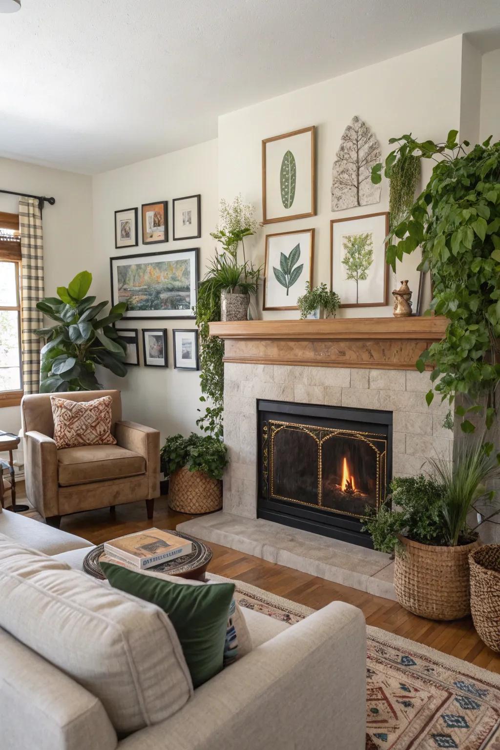 Decorative elements like art and plants personalize your fireplace.