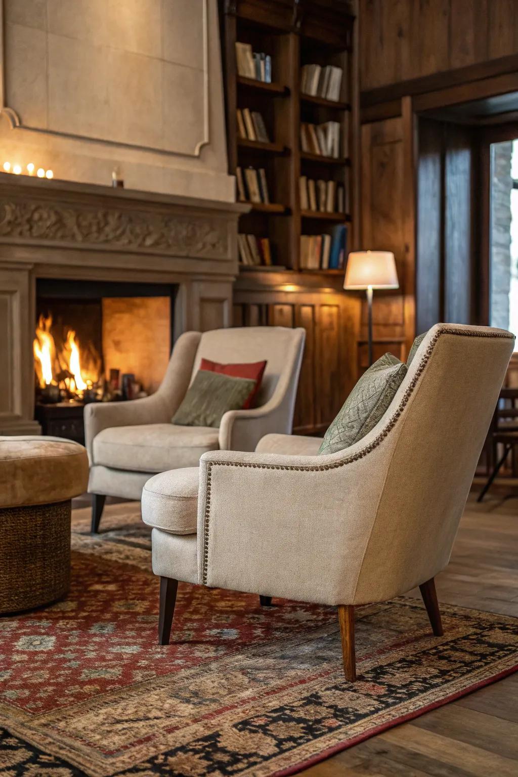Plush seating and gentle textiles encourage relaxation by the fire.
