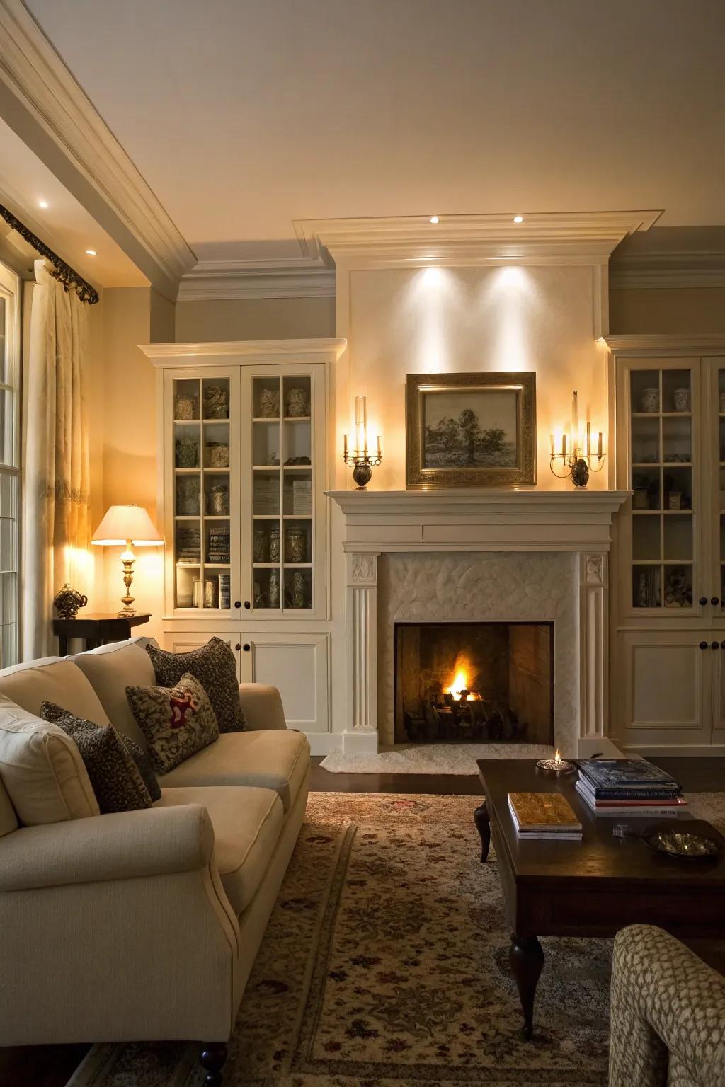 Ambient lighting enhances your fireplace cabinets' display and atmosphere.