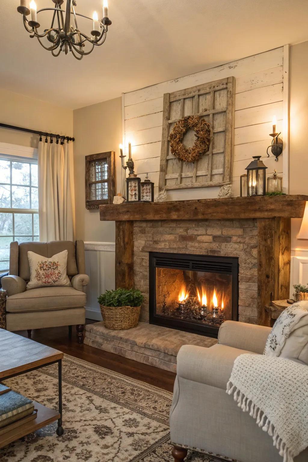 Imagine a cozy living room with a fireplace that boasts a reclaimed wood mantel, full of character and charm.