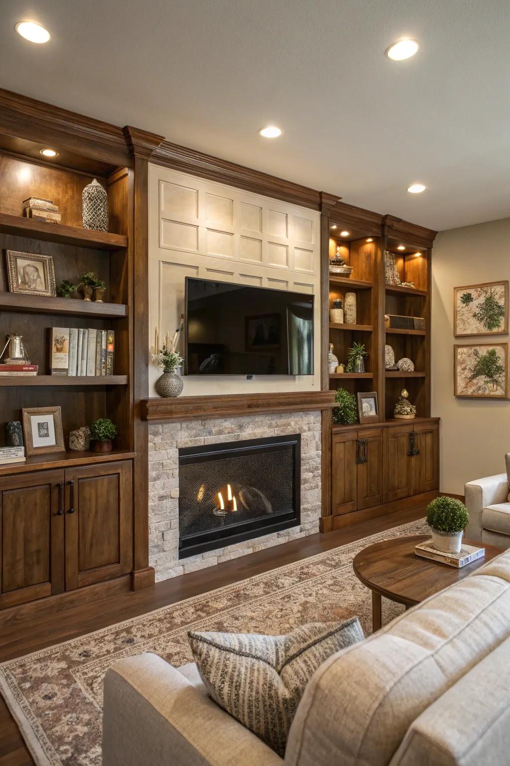 Elevate your fireplace wall with integrated racks for style and storage.