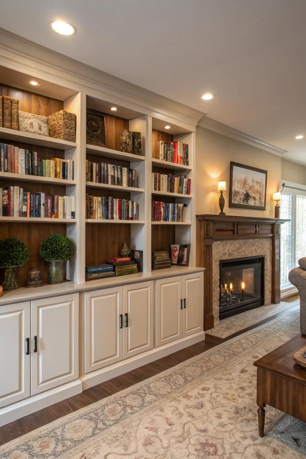 Functional storage with closed cabinets integrated into bookshelves.