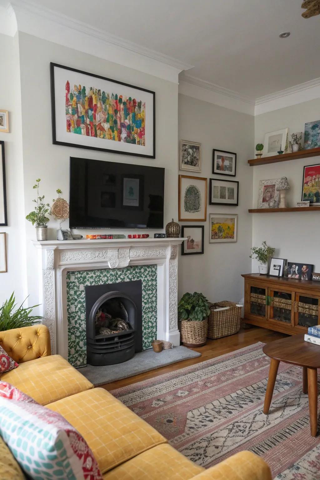An eclectic living area with personal accents and a TV over the fireplace.
