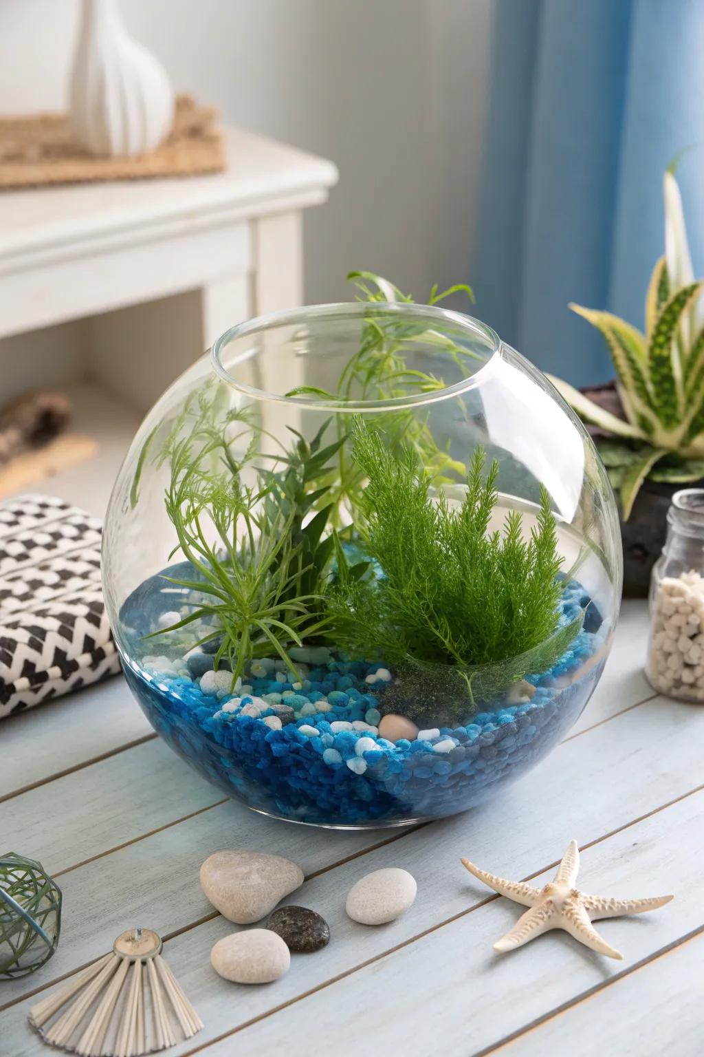 Dive into tranquility with this captivating underwater illusion terrarium.