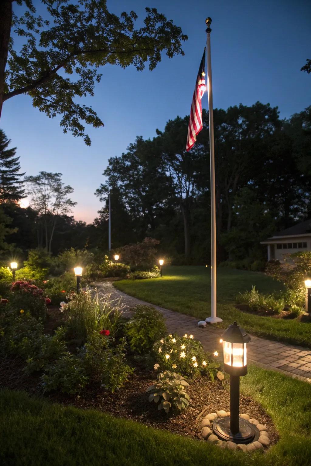 Outdoor lighting elegantly highlights a flagpole after dark.